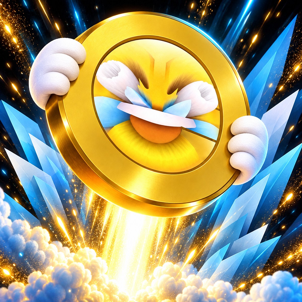 LMAO COIN launching upward through blue and golden energy