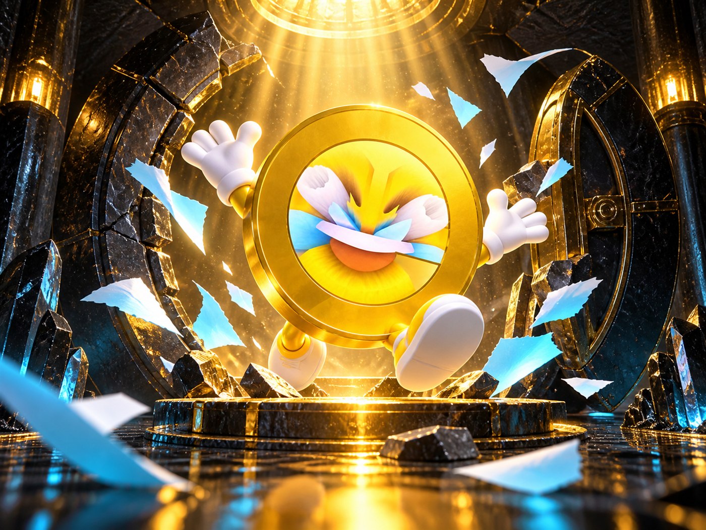 The LMAO COIN mascot awakening inside a golden underground vault