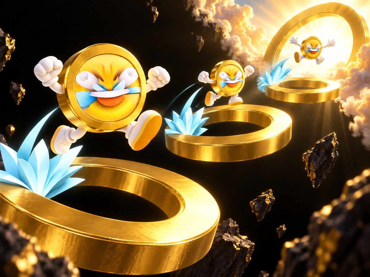 LMAO COIN mascots leaping through three golden rings